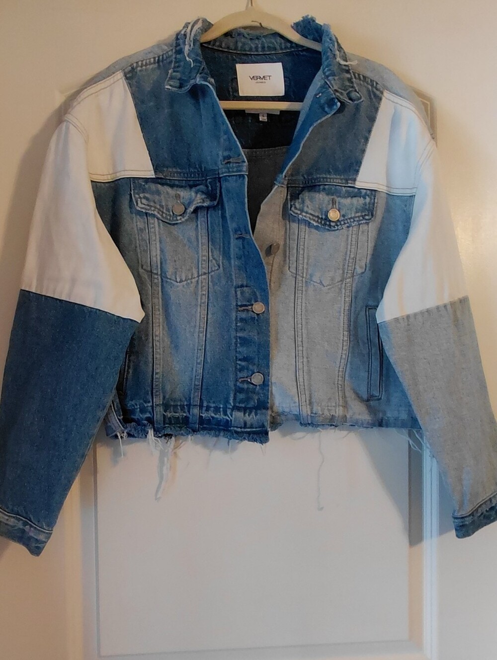 Denim Distressed Patchwork Blue White Cropped Jacket Large